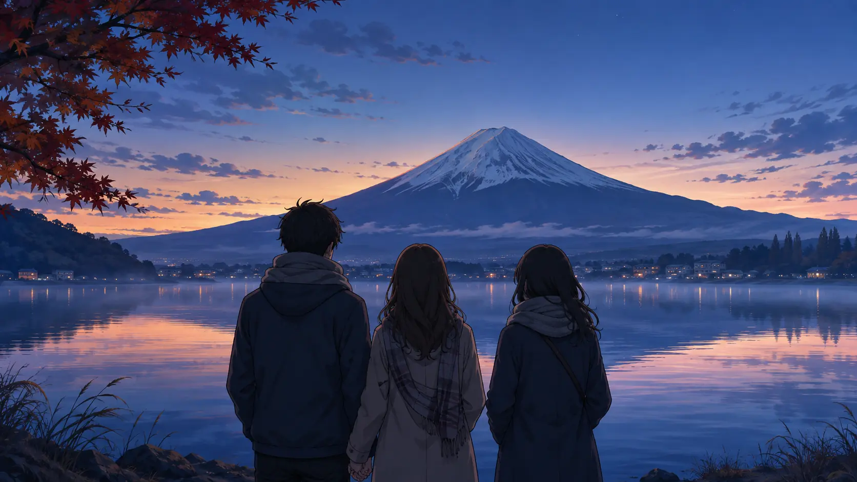 凌晨河口湖边，一对情侣与女方闺蜜背对镜头遥望富士山的日式动漫插画